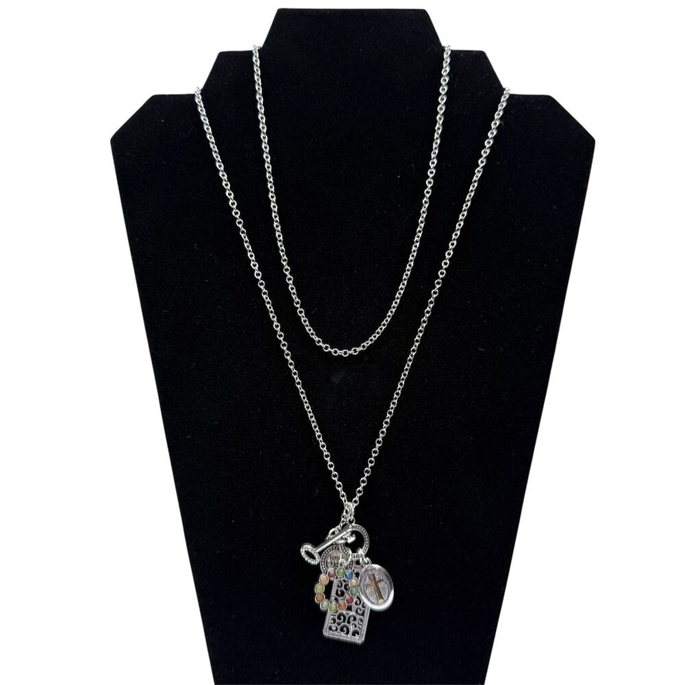Silver Tone Multi Charm Necklace Cross Key Rhinestone Accent Rectangle Pendant